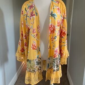 EUC Adorable Yellow Floral Multi Multi-Use Beach Swim Cover Up Kimono One Size